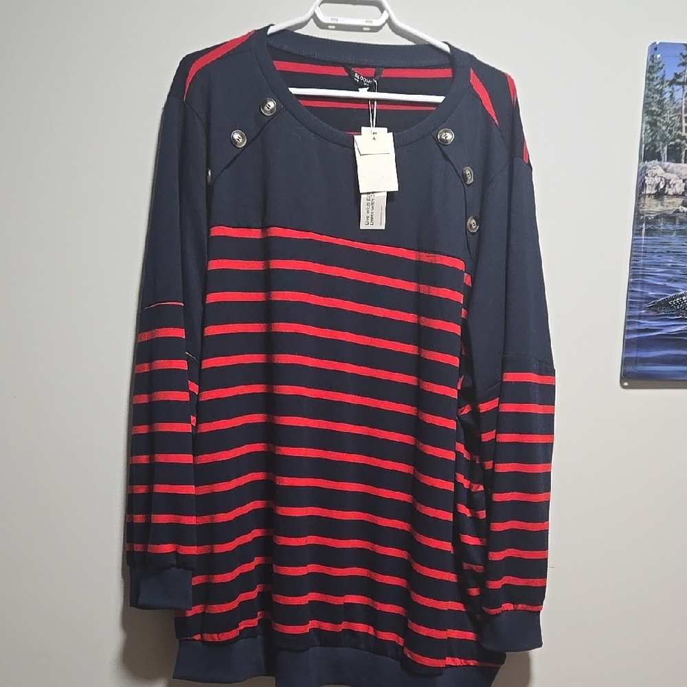 BloomChic Navy and Red Striped Long Sleeve Tee